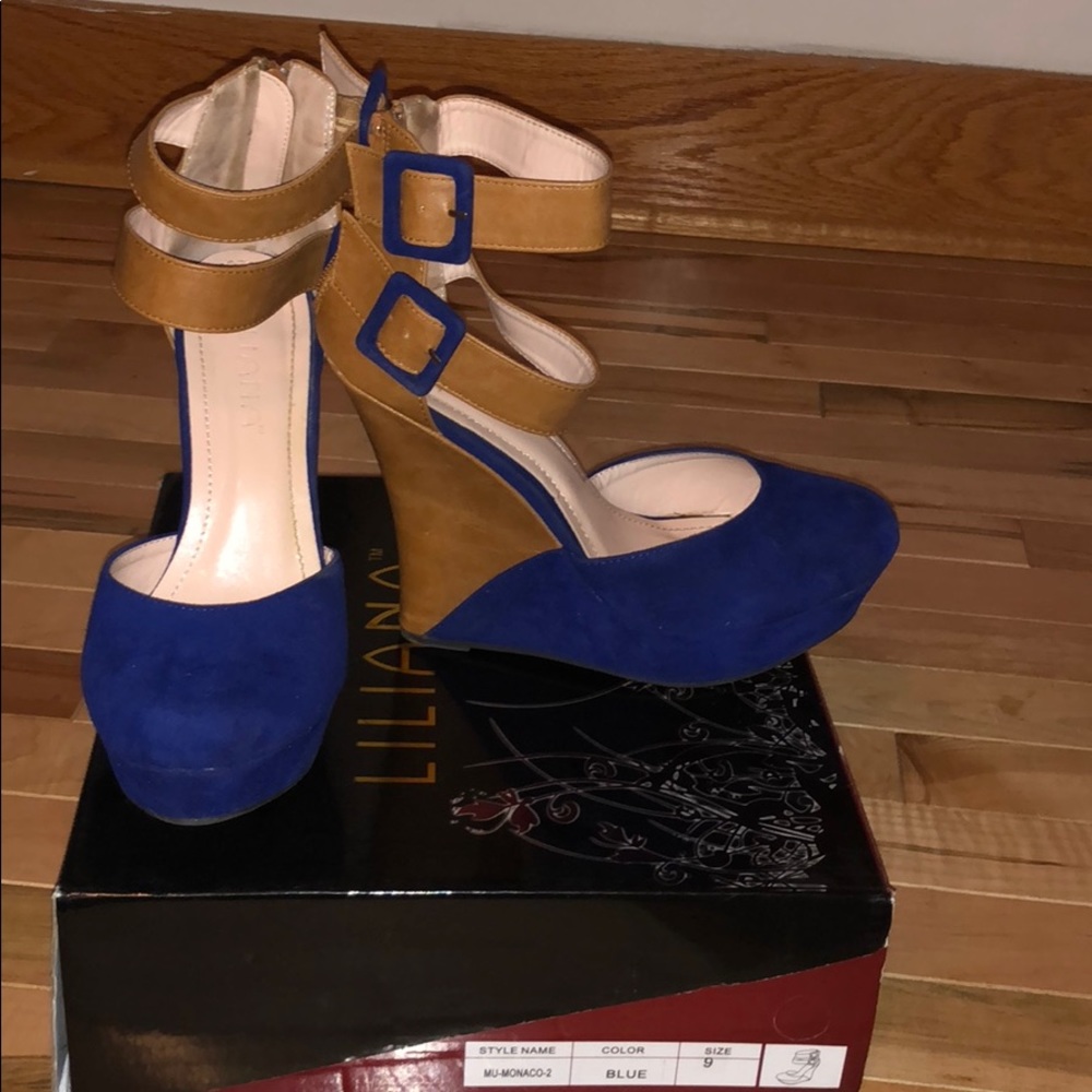 Stylish Royal Blue and Tan Suede Wedge Heels